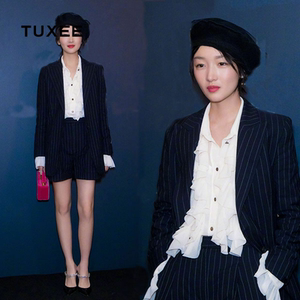 正品tuxee明星周冬雨同款黑色条纹西装套装女2019小香风西服短裤