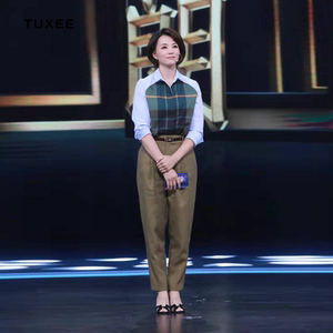 正品tuxee董卿明星同款衣服长袖格子衬衫简约职业通勤拼接上衣女