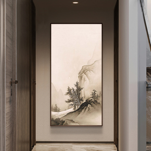 新中式纯手绘油画高山流水客厅装饰画山水风景玄关过道走廊挂画