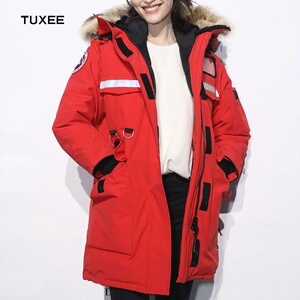 正品tuxee明星何穗同款羽绒服女中长款新款时尚大鹅派克连帽羽绒