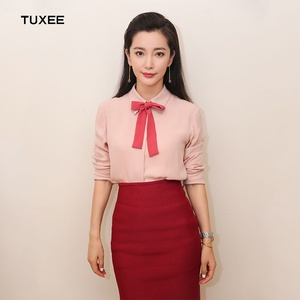 正品tuxee明星同款李冰冰女装轻奢简约撞色蝴蝶结飘带衬衫女春季