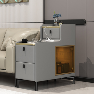 客厅实木沙发边柜现代简约侧边柜超窄边几多功能皮质带充电收纳柜