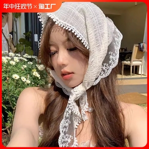 网红同款爱丽丝少女白色蕾丝三角巾头巾发带法式包头时尚拍照丝巾
