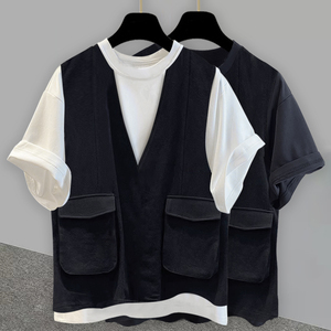 假两件小众设计短袖t恤男夏季韩版潮流工装立体口袋宽松半袖体恤