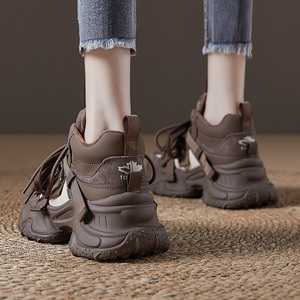 漫步佳人真皮炸街老爹鞋女加绒保暖棉鞋2023年冬季新款厚底增高休