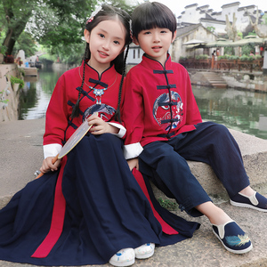 原创儿童汉服女孩男孩过年套装女童中国风新年装男童薄款拜年服装