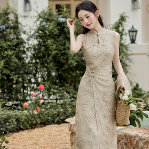 新中式收腰修身棉麻旗袍少女改良古风连衣裙印花中国风两件套夏季