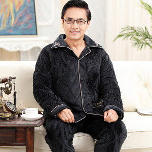 夹棉睡衣男冬款三层加厚加绒中年爸爸老年人秋冬季法兰绒保暖夹棉