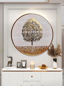 手绘油画圆形石来运转玄关装饰画黄金大道发财树中式客厅餐厅挂画