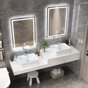 现代简约高低卫生间洗手台大理石浴室柜组合双盆亲子台上盆洗漱台