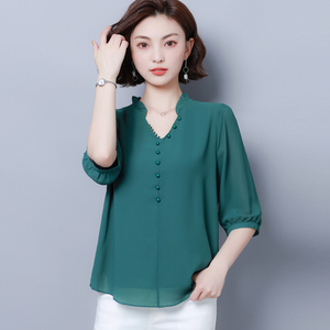 沙料女半袖t恤洋气时尚女衫中袖上衣7七分袖遮肚小衫搭配阔腿裤的