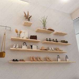 墙壁置物架一字隔板实木架子艺术服装店鞋店展示架原木日系北欧风