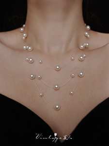 「满天星」施华洛珍珠 法式复古高级感悬浮鱼线多层项链/锁骨链女