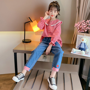 洋气女童衬衫牛仔裤套装春秋季3四五6七7八8九10十岁小女孩两件套