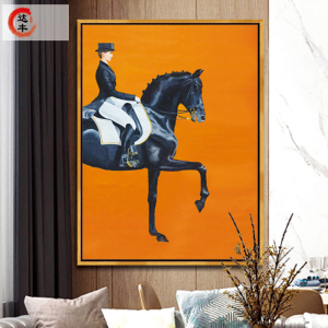 美式轻奢挂画橙色骑马入户玄关装饰画现代简约北欧风格客厅墙风度