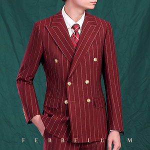 新郎西服套装男士酒红色条纹双排扣结婚礼服定制宽戗驳头商务正装