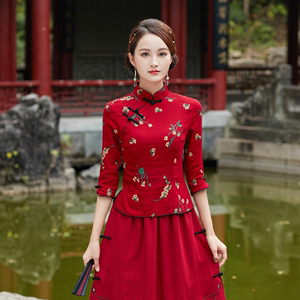 中国风旗袍改良版连衣裙2024春夏新款红色复古汉服两件套唐装上衣