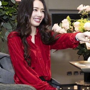 tuxee郭碧婷明星同款复古红色丝绒衬衫设计感小众气质上衣女秋冬