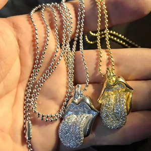 古克罗心潮牌ch纯银镀14k白金黄金全钻朋克滚石大舌头吊坠项链