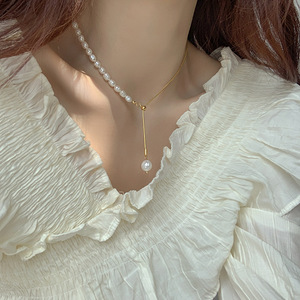 米粒淡水珍珠接锁项链女设计感单颗珍珠吊坠锁骨链抽拉可调节颈链