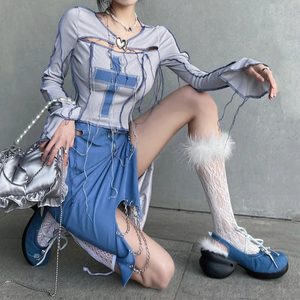 一字扣单鞋2022新款圆头粗跟洛丽塔jk凉鞋百搭牛仔布玛丽珍鞋女夏