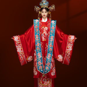 汉服婚服2022新款红蓝撞色锦鲤中式结婚礼服齐地凤冠霞帔古装嫁衣