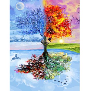 diy数字油画家居装饰画客厅走廊卧室数字填色植物春夏秋冬树彩布