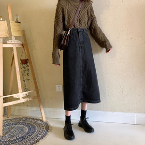 秋冬高腰牛仔裙半身裙女a字中长款直筒小个子配卫衣2019新款显高