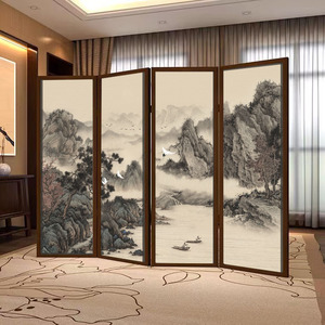 新中式实木折叠移动屏风隔断办公室酒店大厅茶室遮挡山水画可透光