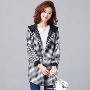 原创大吗字母刺绣连帽格子外套女秋季韩版长袖中长款百搭休闲上衣