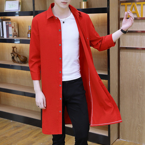 夏季中长款风衣男潮流宽松薄款透气红色外套青年个性帅气防晒衣服