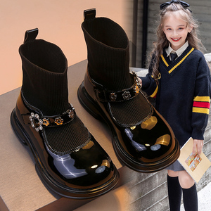女童小皮鞋2022春秋季新款儿童童鞋演出公主袜靴小女孩黑色袜子鞋