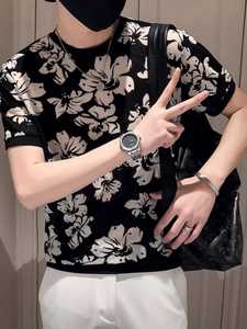 夏季冰丝T恤男短袖韩版潮牌镂空个性花色体恤网眼薄款速干衣服ins