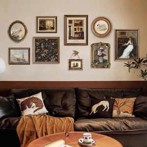 复古法式组合客厅装饰画欧式中古风沙发背景照片墙餐厅美式壁画