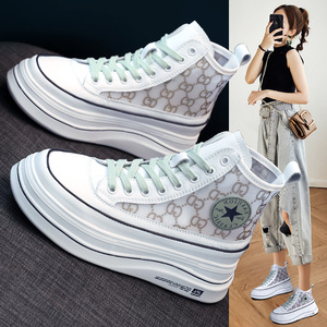 高帮网鞋女透气网面2022夏季新款百搭薄款小白鞋厚底松糕休闲板鞋