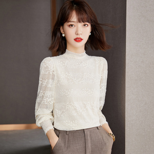 2022年新款时尚蕾丝衫女立领网纱内搭上衣长袖打底衫女装洋气小衫