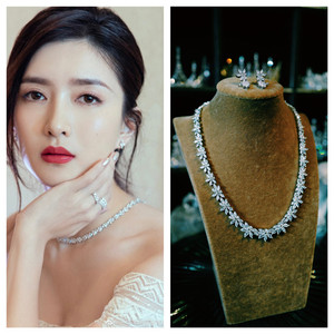 代购override新款江疏影同款奢华大气镀白金锆石新娘项链耳环套装
