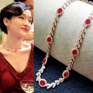 代购override新款听风者周迅同款潮红宝石水晶锆钻新娘晚礼服项链