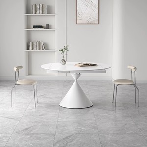 奶油风纯白色岩板餐桌椅旋转伸缩折叠华尔兹餐桌法式复古方圆两用