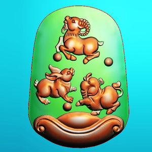 三合精雕图jdp灰度图bmp浮雕图玉雕生肖兔羊猪元宝牌和气生财1178