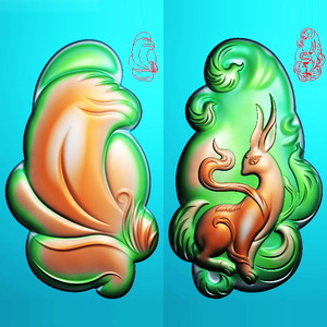 随型九尾狐精雕图jdp灰度图bmp浮雕图玉雕小动物瑞兽狐狸卡通1492