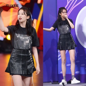 正品tuxee王牌对王牌关晓彤同款黑色印花短袖t恤高腰百褶皮裙短裙