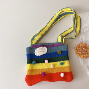 日系儿童包包手工针织毛线包编织彩虹包彩色条纹宝宝单肩斜挎包潮