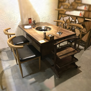 大理石餐桌实木无烟火锅烧烤店桌子电磁炉一体方圆桌椅商用定制