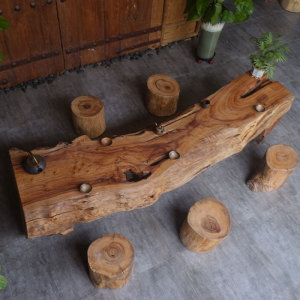 原生态实木茶几 家用客厅庭院2米休闲泡茶桌 香樟木树桩茶台组合