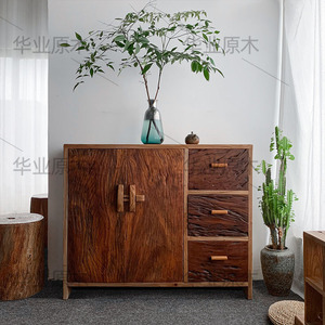 侘寂风纯实木储物柜家用客厅边柜香樟木风化复古靠墙大容量收纳柜