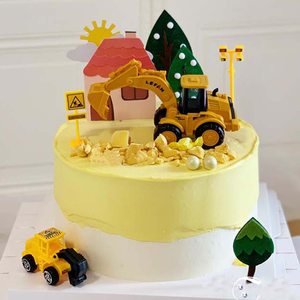 挖土机蛋糕装饰推土机工程车路障交通指示警示牌儿童玩具蛋糕装饰