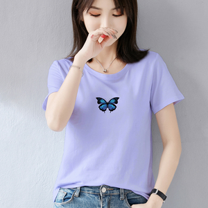 香芋紫纯棉短袖t恤女夏季洋气蝴蝶上衣女韩版宽松百搭半袖打底衫
