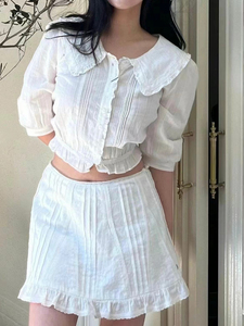【CINDER STUDIO】韩国夏季衬衫短袖蕾丝圆领衬衫+白色法式半裙