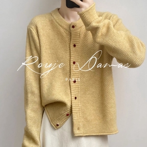 Rouje Damas纯色慵懒风圆领毛衣外套女 设计感绵羊绒小众针织开衫